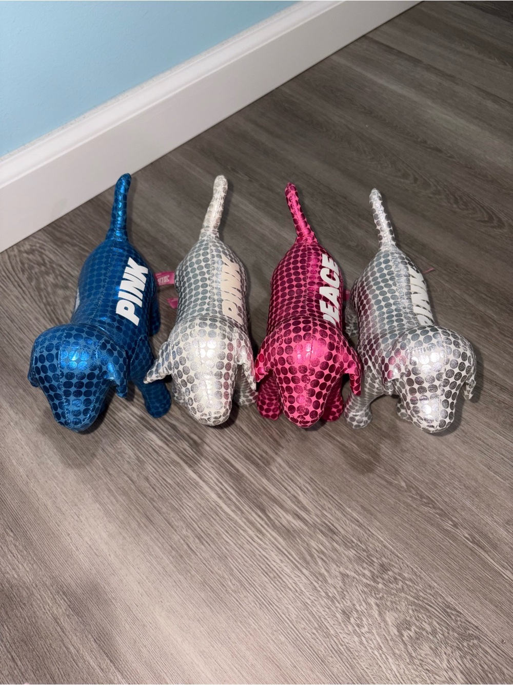 PINK Victoria's Secret Metallic Plush Dog Toy Set - Blue, Pink, Silver
